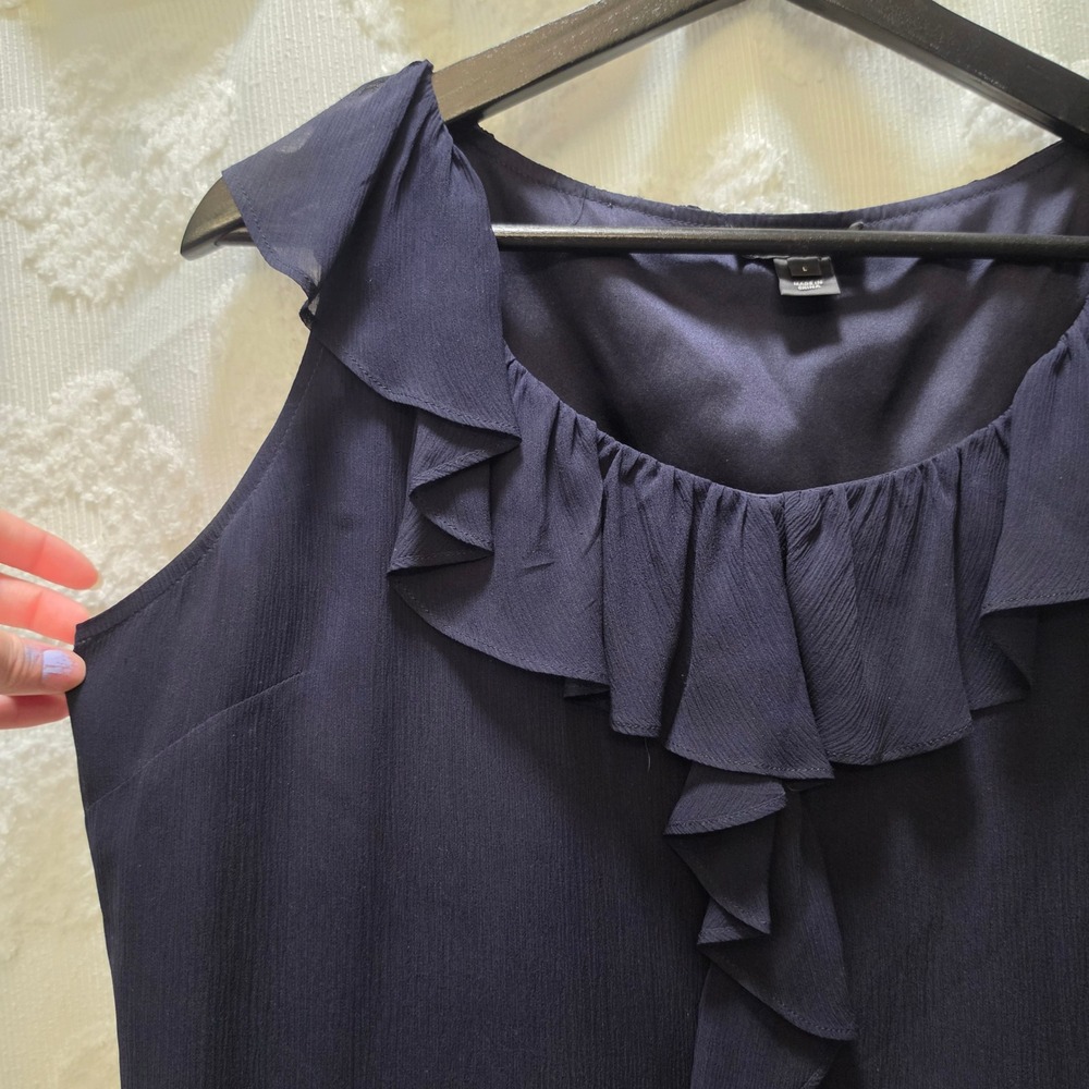 St John Navy Blue Ruffle Front Silk Chiffon Sleeveless Blouse Top Large - Picture 3 of 7